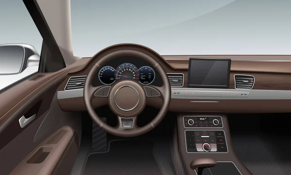 Ilustracja wektorowa wnętrza samochodzie z pulpitu nawigacyjnego ziemi koło skórzane w kolorze brązowym — Wektor stockowy