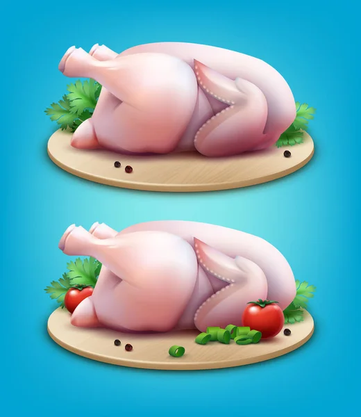 Illustration vectorielle de deux poulets crus entiers avec grains de poivre, légumes verts et tomates sur planche à découper sur fond — Image vectorielle