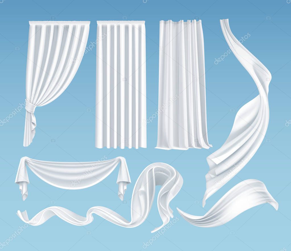 Vector set of realistic fluttering white cloths, soft lightweight clear material and curtains isolated on background