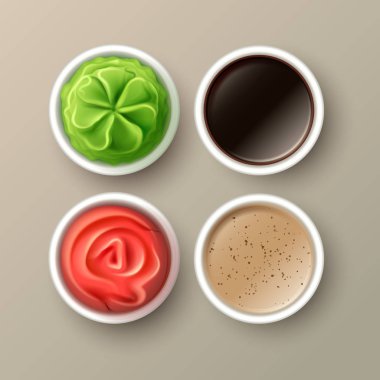 Vektör wasabi, pembe turşu zencefil, soya ve tahin sosu üstten görünüm üzerinde arka izole kapatmak