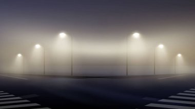 Banliyölerde gece boş sisli sokak vektör Illustration, duvar kağıdı sis aydınlatılmış fenerler