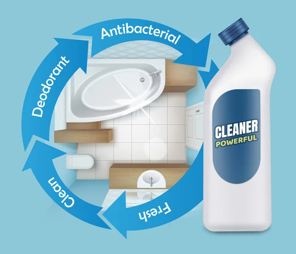 Ilustración vectorial de anuncios de limpiadores de moldes de azulejos, vista superior del baño con botella de plástico blanco sobre fondo Vector de stock