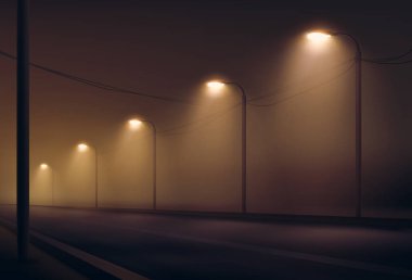 Yol vektör Illustration gece sis fenerler tarafından yaktı. Sıcak renklerde sokak aydınlatması