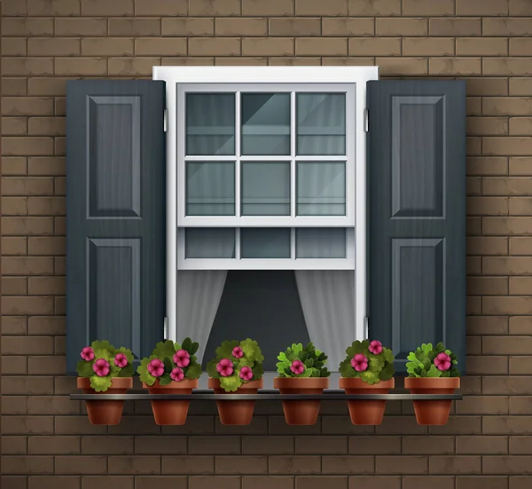 Fenster mit Blumentöpfen an der Wand. Cartoonhaus-Element. Nahaufnahme des schönen, weiß gerahmten Fensters mit Blumen — Stockvektor