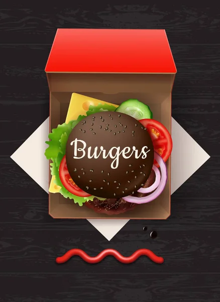 Illustration vectorielle de gros cheeseburger avec pain noir et sésame dans une boîte en carton rouge, vue du dessus — Image vectorielle