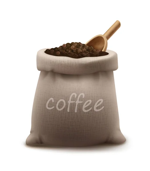 Векторна ілюстрація смажених кавових зерен у мішку або мішку з дерев'яною совок ізольовані на фоні — стоковий вектор