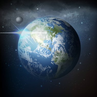 Arka planda Samanyolu ile evrendeki ay ile gerçekçi gezegen Earth uzaydan vektör illüstrasyon görünümü