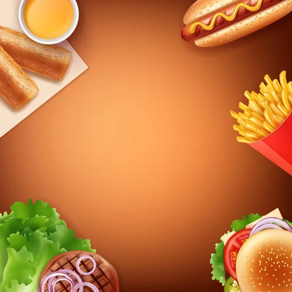 Illustration vectorielle de frites, hot dog, cheeseburger, galette frite à la sauce et viande grillée aux légumes — Image vectorielle