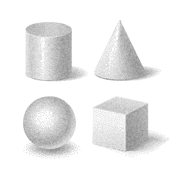 Ilustración vectorial de formas conjunto de cubo, cilindro, esfera y cono con textura granulada de medio tono sobre fondo blanco — Archivo Imágenes Vectoriales