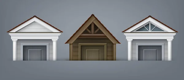 Ilustração vetorial da fachada do elemento, três pórticos feitos de madeira e concreto com colunas sobre a porta no fundo — Vetor de Stock