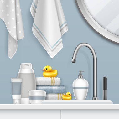 Havlu vektör illüstrasyon ve banyoda sarı ördek ile rafta set banyo