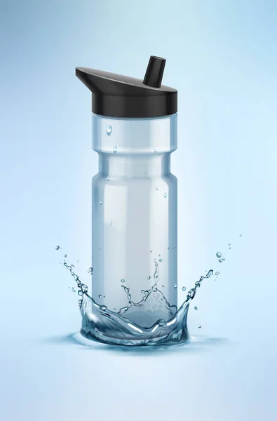 Wektor ilustracja przezroczystego szkła lub plastikowej butelki sportowej w wodzie splash — Wektor stockowy