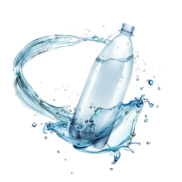 Ilustración vectorial de salpicaduras de agua alrededor de una botella de plástico aislada sobre fondo Ilustración de stock