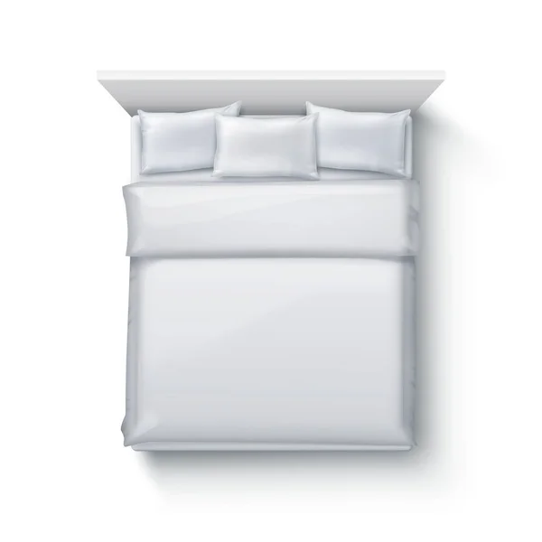 Векторная иллюстрация двуспальной кровати с мягким одеялом, постельными принадлежностями и подушками на белом фоне — стоковый вектор