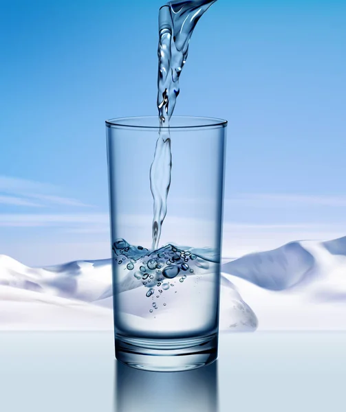 Illustration vectorielle du déversement d'eau douce dans du verre isolé sur fond de montagne — Image vectorielle