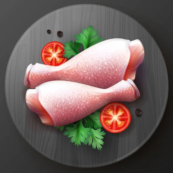 Ilustración vectorial de dos patas de pollo crudo con granos de pimienta, tomates y perejil sobre tabla de cortar negra de madera redonda — Archivo Imágenes Vectoriales