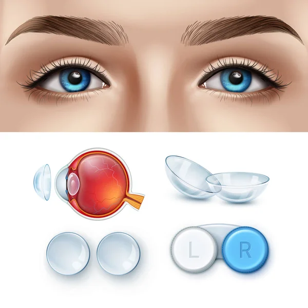 Conjunto realista oftalmológico de lente de contacto y ojo humano — Vector de stock