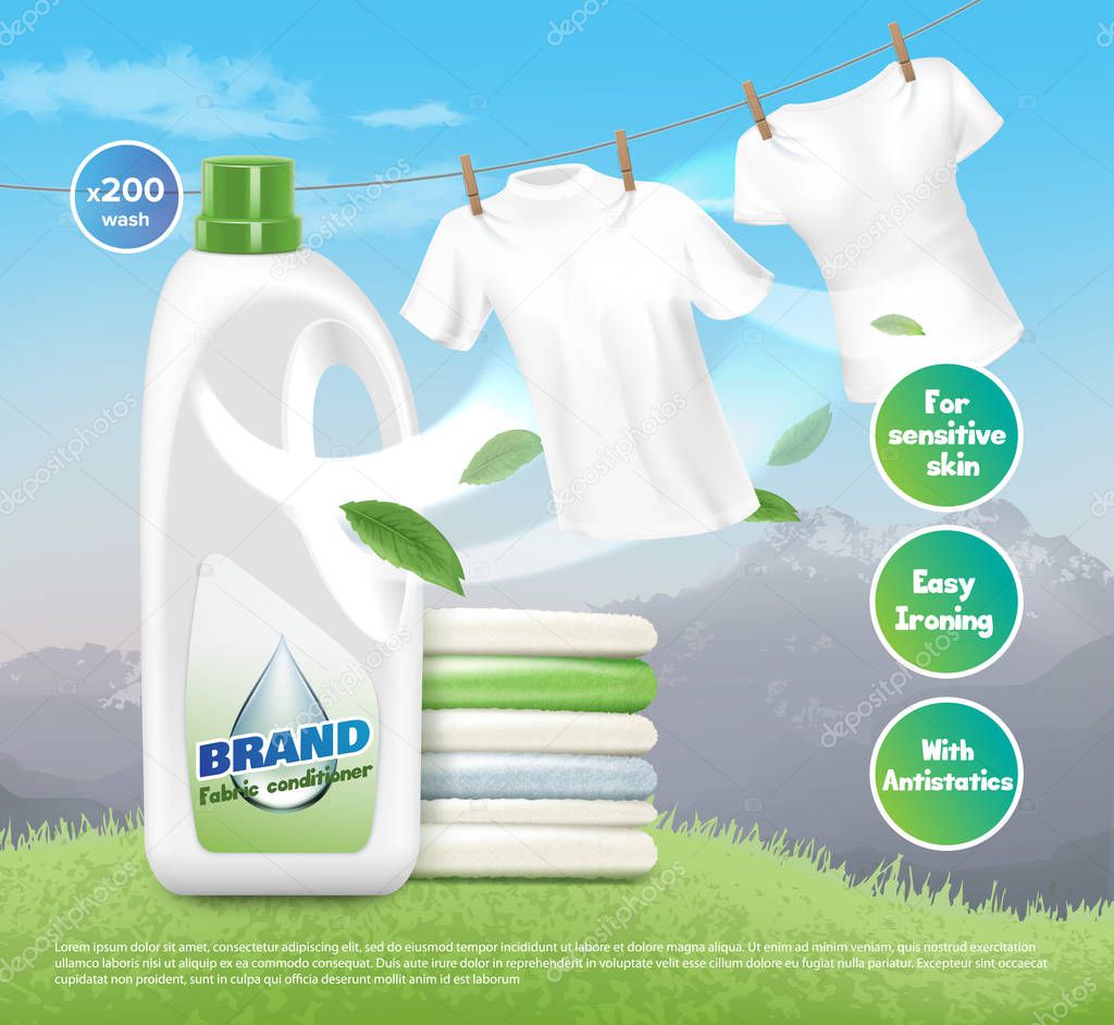 Vector illustration of advertising loundry detergent, bright white clothes, dried and folded