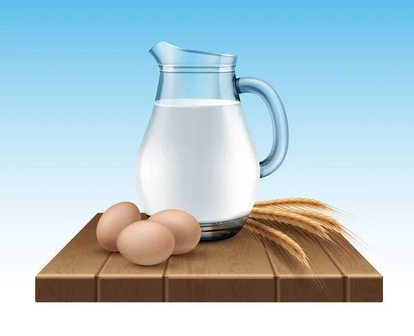 Ilustración vectorial de jarra de vidrio de leche con espigas de trigo y huevos sobre soporte de madera sobre fondo — Vector de stock