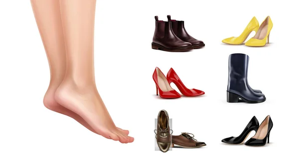 Ilustración vectorial de pies femeninos de pie sobre dedos de los pies y colección de zapatos diferentes sobre fondo Vectores de stock libres de derechos