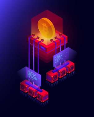 Kripto para madenciliği çiftliğinin vektör illüstrasyonu, bitcoin için büyük veri işleme, blockchain izometrik kavramı