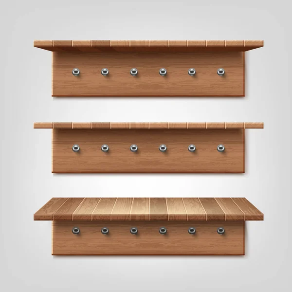 Conjunto realista vetorial de prateleira de madeira com ganchos de cabide de roupas isolados no fundo da parede — Vetor de Stock