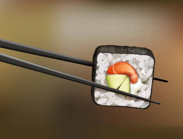 Palillos vectoriales que sostienen el rollo de sushi con salmón, aguacate y queso blando sobre fondo Ilustración de stock