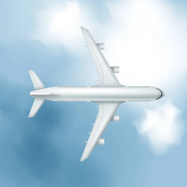 Avión realista vectorial sobre fondo nublado del cielo, vista desde arriba Vector de stock