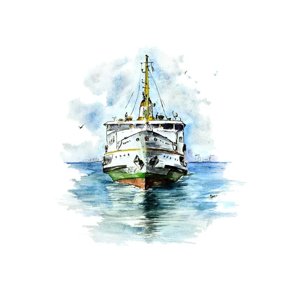 Watercolor sketch of Istanbul\'s ferry on white background. Perfect for print, poster, card making and travel design.