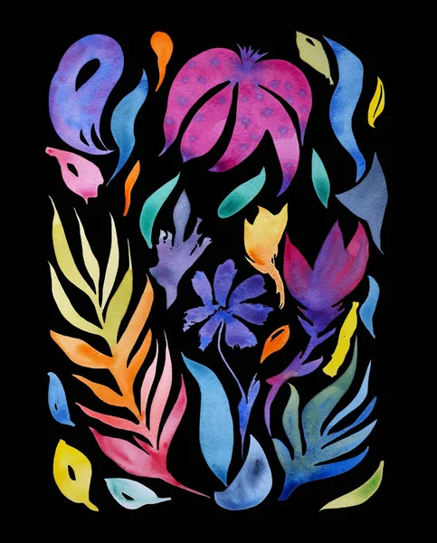 Watercolor abstract rainbow flowers and leaves. Hand painted composition of isolated elements on black background. For posters, cards, covers and backdrops.