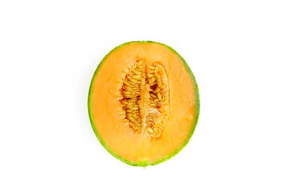 Reife Melone Mit Geschnittenen Scheiben Nahaufnahme Auf Einem Weißen Isoliert — Stockfoto