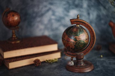 Güzel sanatlar konsepti. Gri arka planlarda çiçekli ve küresi olan taşralı kitaplara sahip natürmort yaşam.