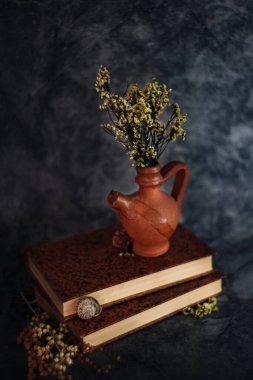 Güzel sanatlar konsepti. Gri arka planlarda çiçekli ve küresi olan taşralı kitaplara sahip natürmort yaşam.