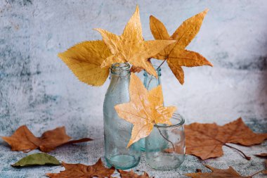 Sonbahar, küçük cam şişeler ve sarı yapraklarla sakin bir hayattır. Sonbahar temalı fotoğrafçılık. Doğa.