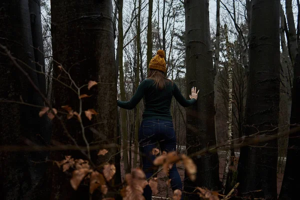 Rear View Girl Standing Trees While Lost Black Forest — Stock Photo, Image