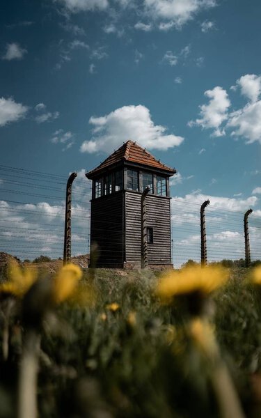 Tower in Birkenau death camp, history concept 
