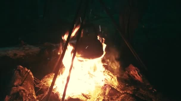 Hervidor en la hoguera en el bosque. Crepúsculo — Vídeos de Stock