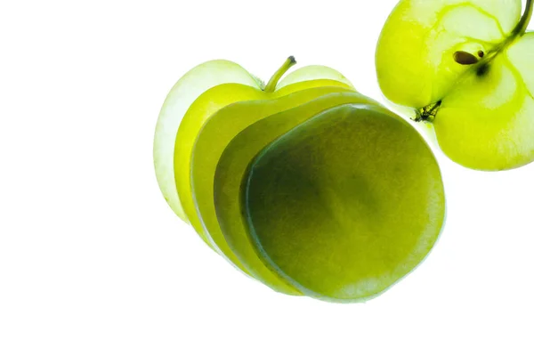 Apfelscheiben Bei Hintergrundbeleuchtung Isoliert Auf Weißem Hintergrund Detailliertes Makro — Stockfoto