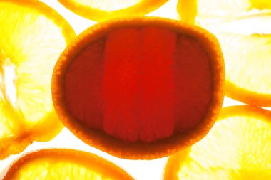 Portakal dilimlerini geri tepmeyle kapatın. makro fotoğraf