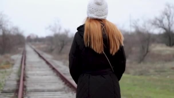 Lonely Adult Woman Walks Sleepers Abandoned Railway Track — Stock Video
