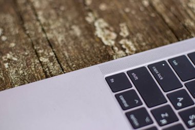 Laptop küçük bir liken ile kaplı ahşap bir masanın üzerinde. Klavyenin sadece bir kısmı görünür..