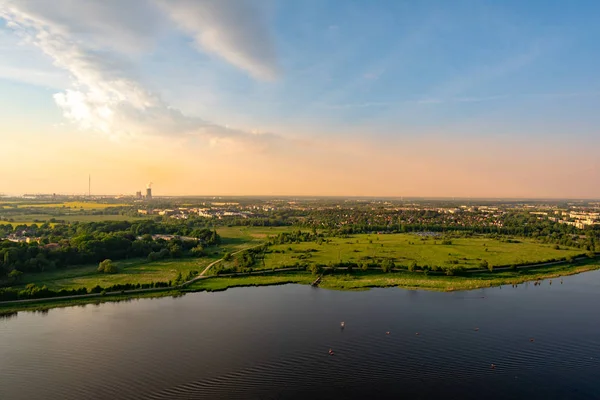 Luchtfoto Van Het Landschap Rond Stad Van Rostock Uitzicht Rivier — Stockfoto