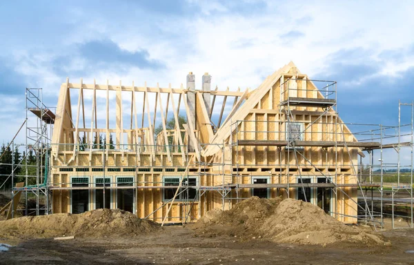 Construction Site Wooden House Wood Frame Scaffolding — Stock Photo, Image