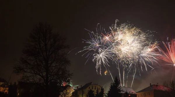 Firework Some Houses New Year Eve — стоковое фото
