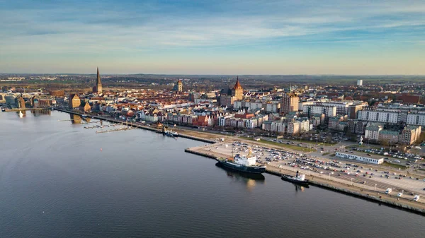 Vista Aérea Del Horizonte Ciudad Rostock Vista Sobre Río Warnow — Foto de Stock