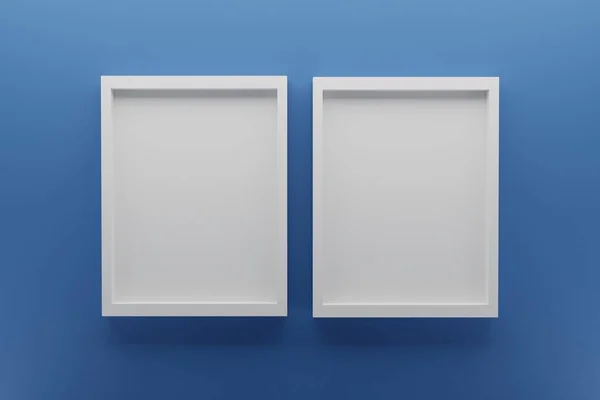 古典的な青い壁に2つの空のフレームのフロントビュー 最小限のデザインコンセプト 3Dレンダリングイメージ — ストック写真