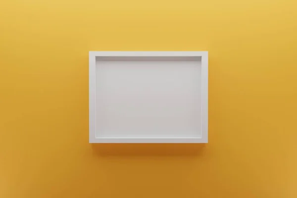 壁の上の空の白い画像フレームのフロントビュー 背景光オレンジ 最小限のデザインコンセプト 3Dレンダリング — ストック写真