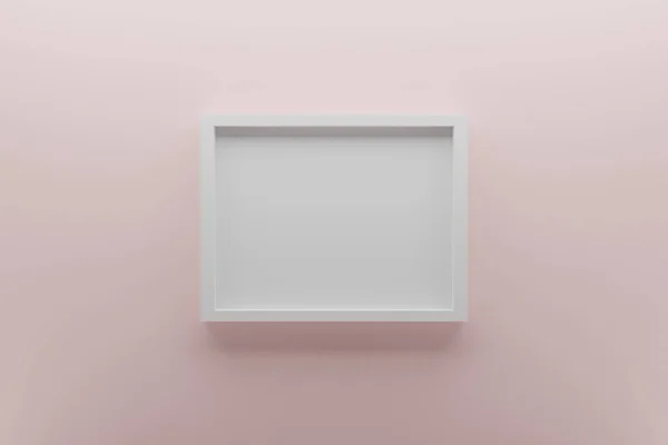 Duvardaki boş resim çerçevesinin ön görüntüsü, modern minimal sergi konseptine sahip açık gül kuvars duvar arkaplanı, 3D görüntüleme
