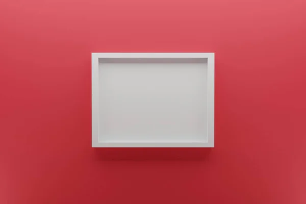 赤い壁の上の空の白い画像フレームのフロントビュー 最小限のデザインコンセプト 現実的な3Dレンダリング — ストック写真
