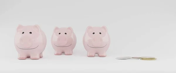 Três Piggy Banks Cor Rosa Com Algumas Moedas Euro Imagem — Fotografia de Stock